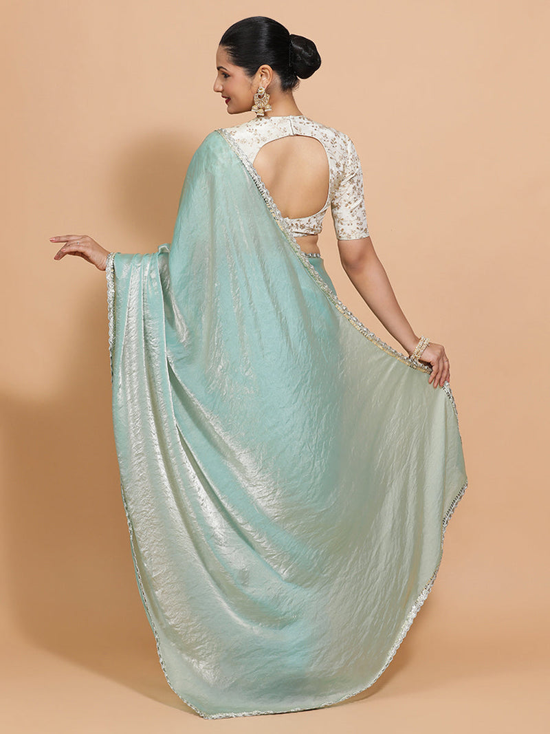 Sophia DrapeFit™ One Minute Saree Combo | Aqua Sheen Tissue Saree with Cream Embroidered Zeelaf Blouse | Ready-To-Wear Saree Optional-Binks