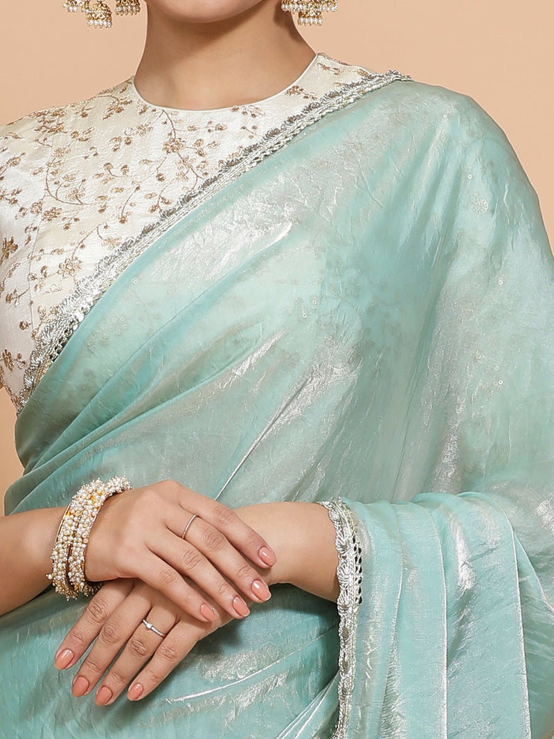 Sophia DrapeFit™ One Minute Saree Combo | Aqua Sheen Tissue Saree with Cream Embroidered Zeelaf Blouse | Ready-To-Wear Saree Optional-Binks