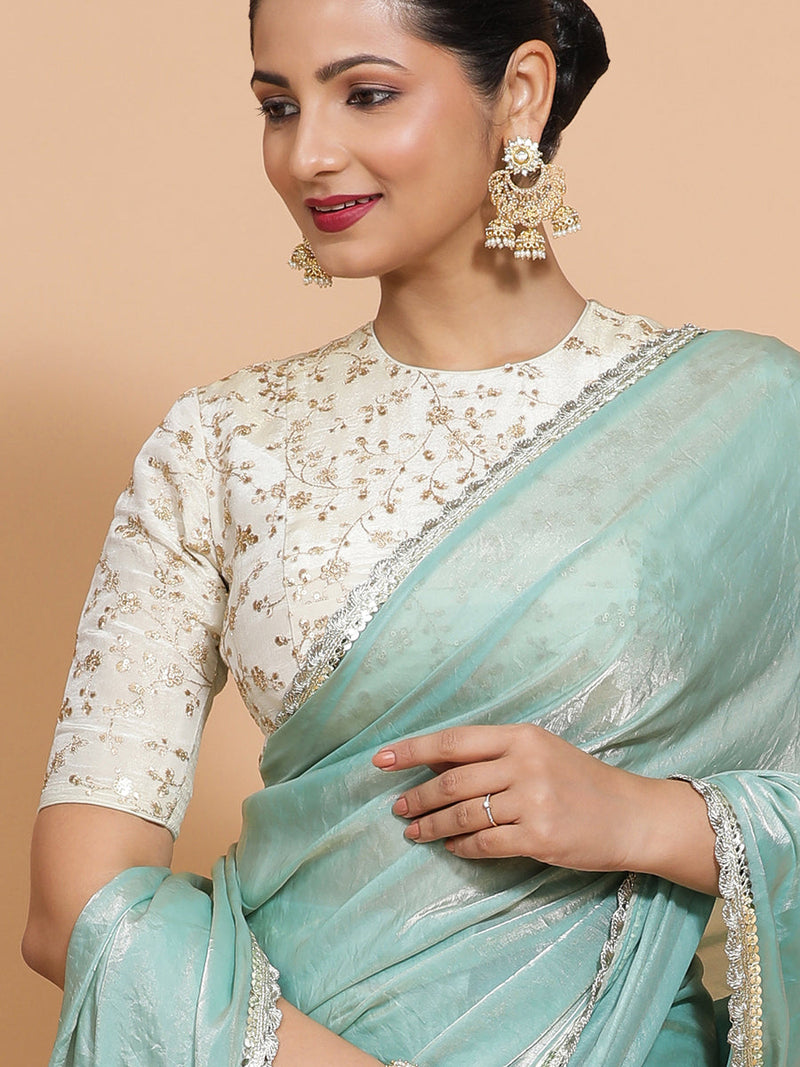 Sophia DrapeFit™ One Minute Saree Combo | Aqua Sheen Tissue Saree with Cream Embroidered Zeelaf Blouse | Ready-To-Wear Saree Optional-Binks