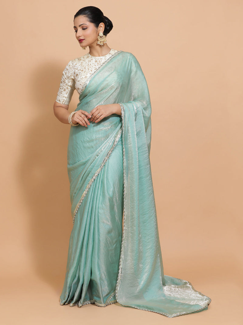 Sophia DrapeFit™ One Minute Saree Combo | Aqua Sheen Tissue Saree with Cream Embroidered Zeelaf Blouse | Ready-To-Wear Saree Optional-Binks