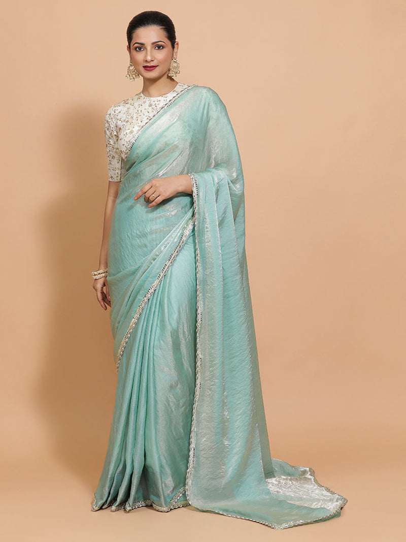 Sophia DrapeFit™ One Minute Saree Combo | Aqua Sheen Tissue Saree with Cream Embroidered Zeelaf Blouse | Ready-To-Wear Saree Optional-Binks