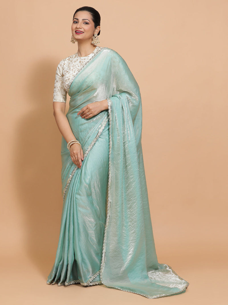 Sophia DrapeFit™ One Minute Saree Combo | Aqua Sheen Tissue Saree with Cream Embroidered Zeelaf Blouse | Ready-To-Wear Saree Optional-Binks