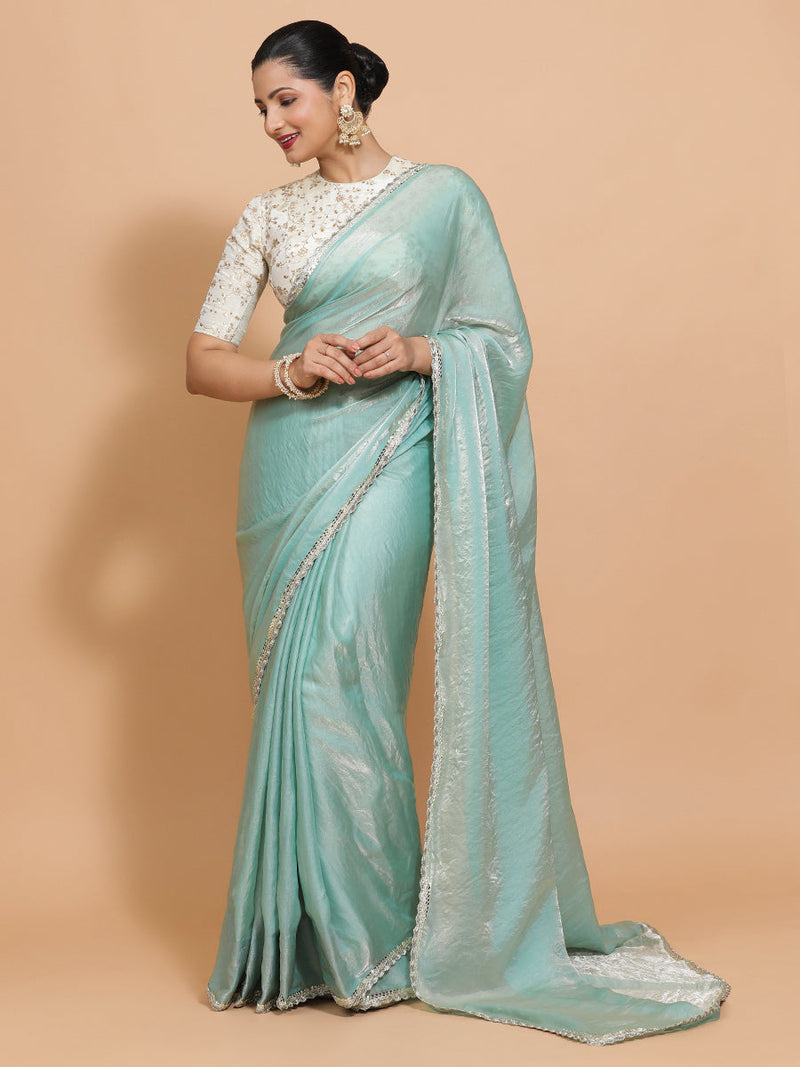Sophia DrapeFit™ One Minute Saree Combo | Aqua Sheen Tissue Saree with Cream Embroidered Zeelaf Blouse | Ready-To-Wear Saree Optional-Binks