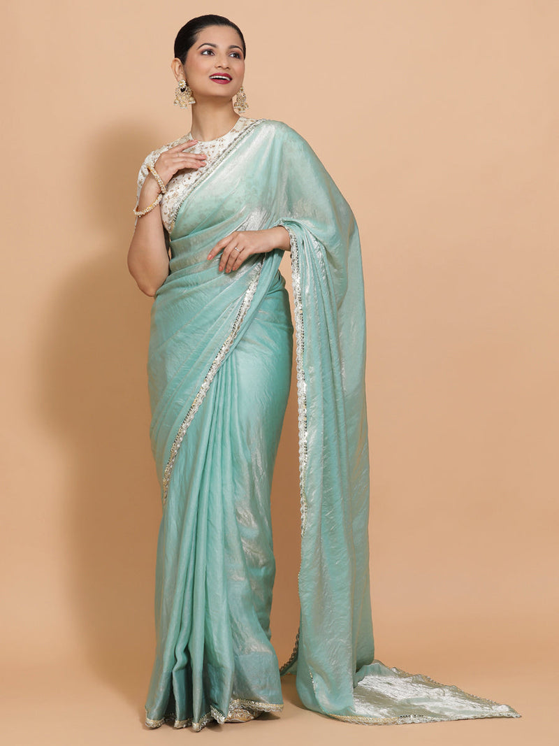 Sophia DrapeFit™ One Minute Saree Combo | Aqua Sheen Tissue Saree with Cream Embroidered Zeelaf Blouse | Ready-To-Wear Saree Optional-Binks