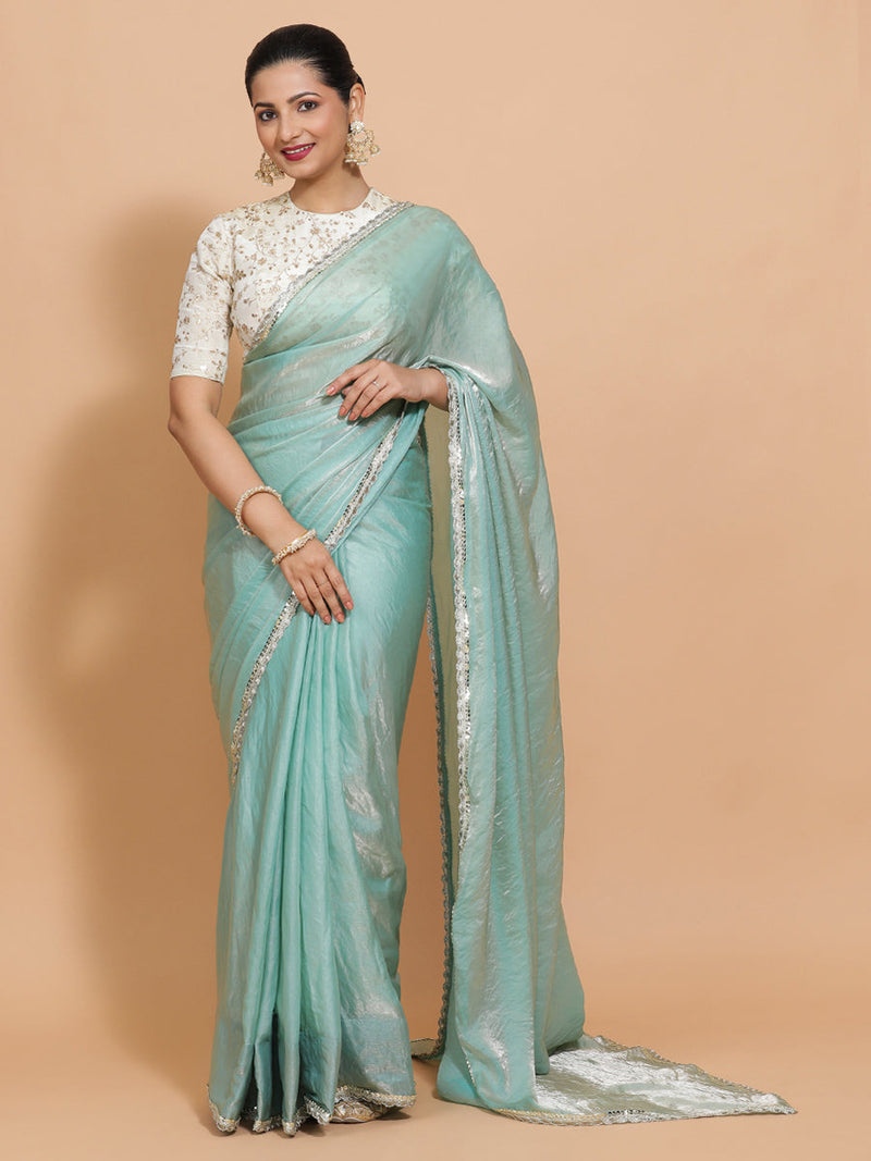 Sophia DrapeFit™ One Minute Saree Combo | Aqua Sheen Tissue Saree with Cream Embroidered Zeelaf Blouse | Ready-To-Wear Saree Optional-Binks