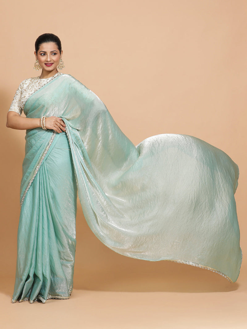 Sophia DrapeFit™ One Minute Saree Combo | Aqua Sheen Tissue Saree with Cream Embroidered Zeelaf Blouse | Ready-To-Wear Saree Optional-Binks