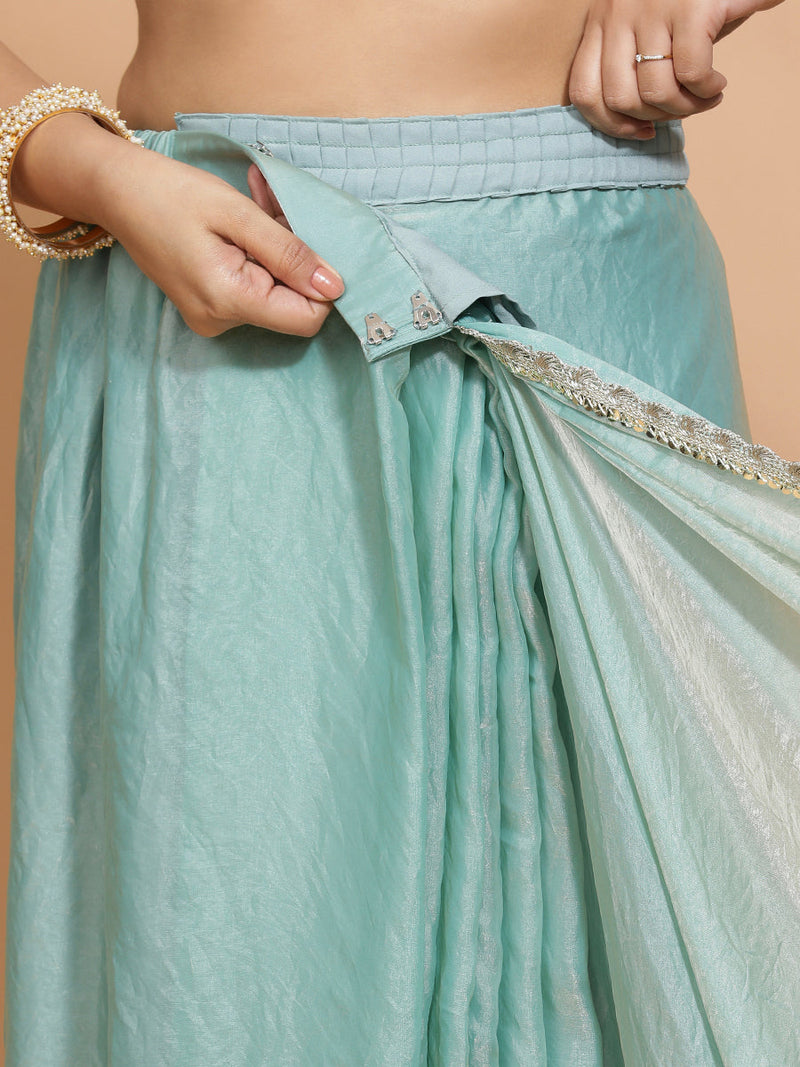 Sophia DrapeFit™ One Minute Saree Combo | Aqua Sheen Tissue Saree with Cream Embroidered Zeelaf Blouse | Ready-To-Wear Saree Optional-Binks