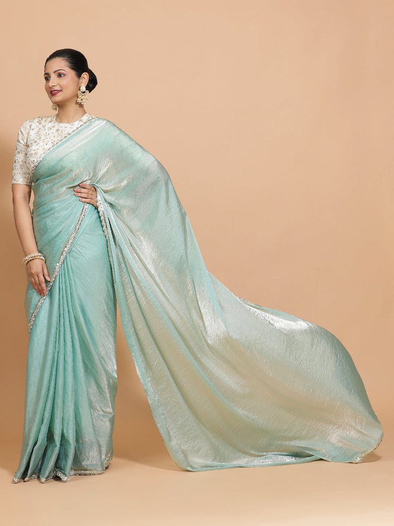 Sophia DrapeFit™ One Minute Saree Combo | Aqua Sheen Tissue Saree with Cream Embroidered Zeelaf Blouse | Ready-To-Wear Saree Optional-Binks