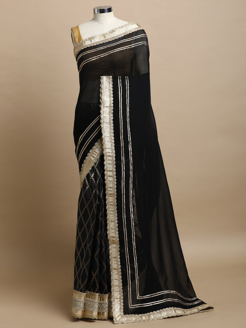 Ahalya x Tyohaar | Black Vine Mesh Brocade Saree With Heavy Zari Designer Lace-Binks