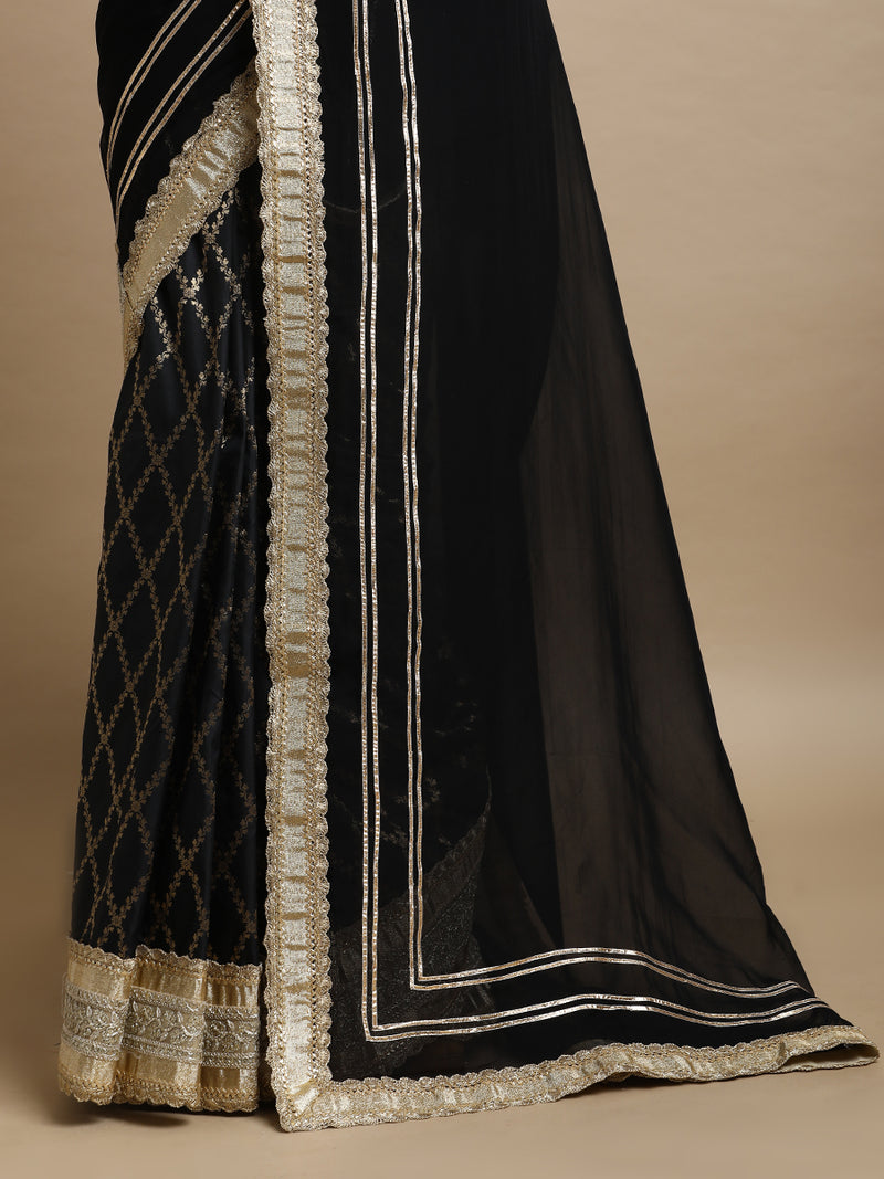 Ahalya x Tyohaar | Black Vine Mesh Brocade Saree With Heavy Zari Designer Lace-Binks