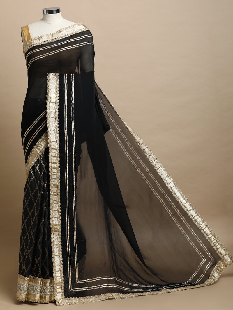 Ahalya x Tyohaar | Black Vine Mesh Brocade Saree With Heavy Zari Designer Lace-Binks