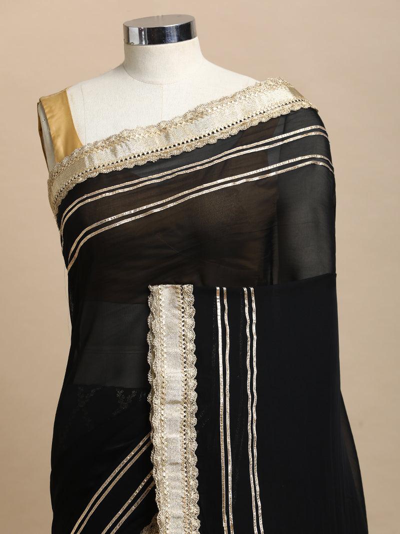 Ahalya x Tyohaar | Black Vine Mesh Brocade Saree With Heavy Zari Designer Lace-Binks