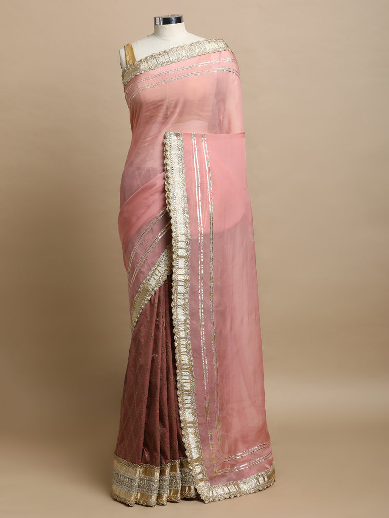 Ahalya x Tyohaar | Mauve & Pink Vine Mesh Brocade Saree With Heavy Zari Designer Lace-Binks