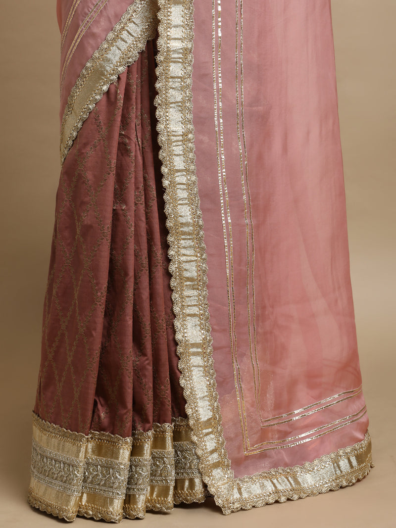 Ahalya x Tyohaar | Mauve & Pink Vine Mesh Brocade Saree With Heavy Zari Designer Lace-Binks