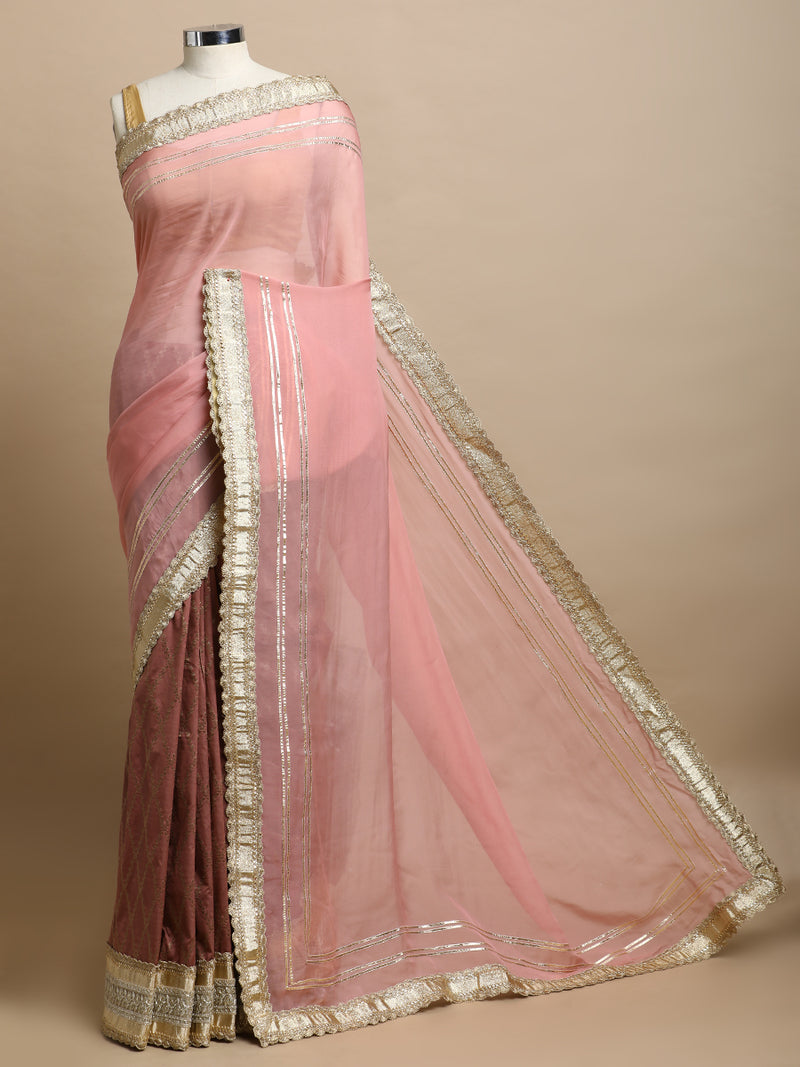 Ahalya x Tyohaar | Mauve & Pink Vine Mesh Brocade Saree With Heavy Zari Designer Lace-Binks