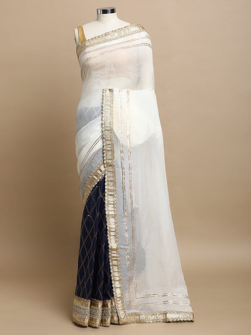 Ahalya x Tyohaar | Navy & White Vine Mesh Brocade Saree With Heavy Zari Designer Lace-Binks