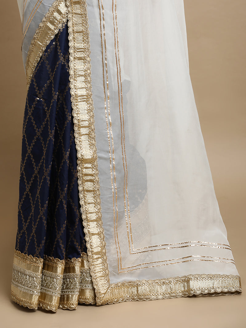Ahalya x Tyohaar | Navy & White Vine Mesh Brocade Saree With Heavy Zari Designer Lace-Binks