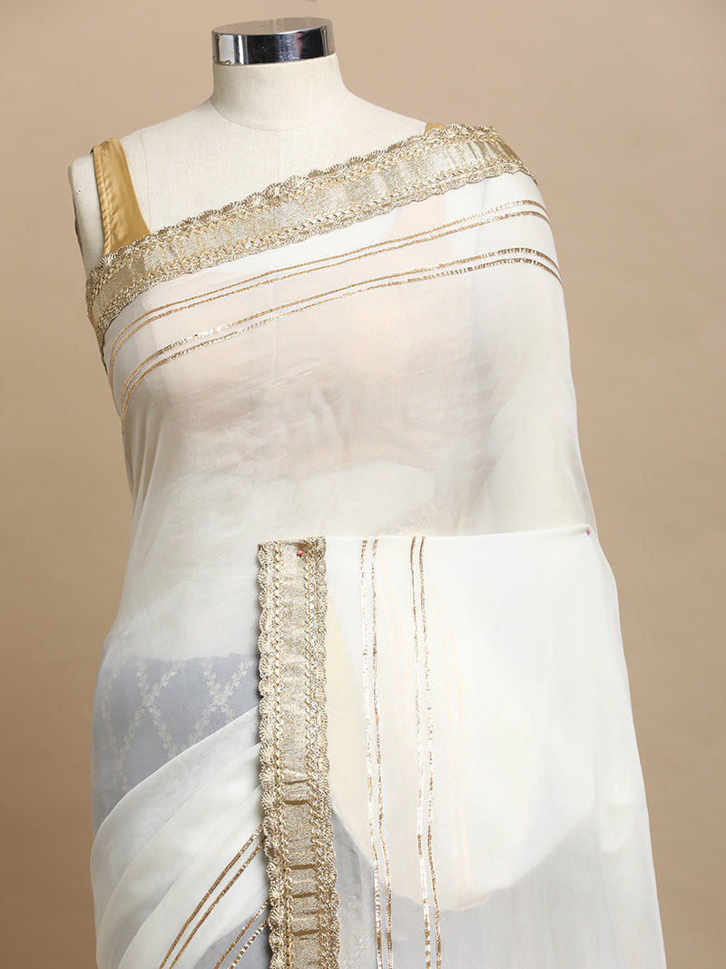 Ahalya x Tyohaar | Navy & White Vine Mesh Brocade Saree With Heavy Zari Designer Lace-Binks