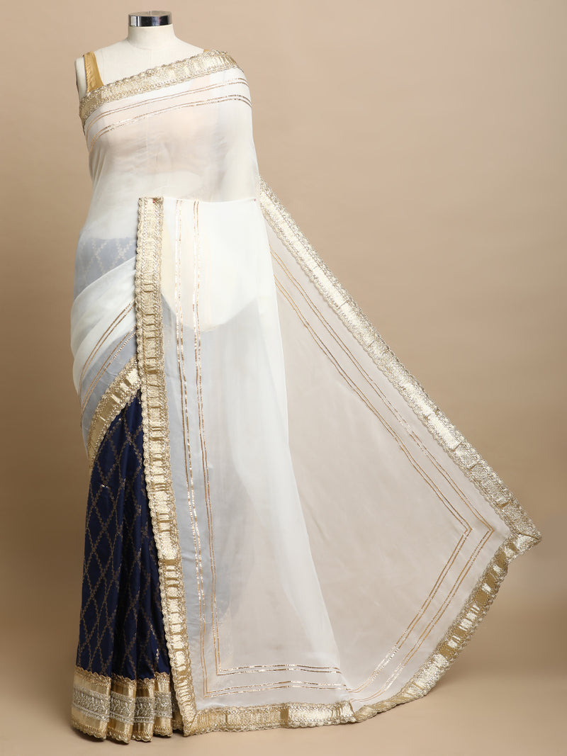 Ahalya x Tyohaar | Navy & White Vine Mesh Brocade Saree With Heavy Zari Designer Lace-Binks