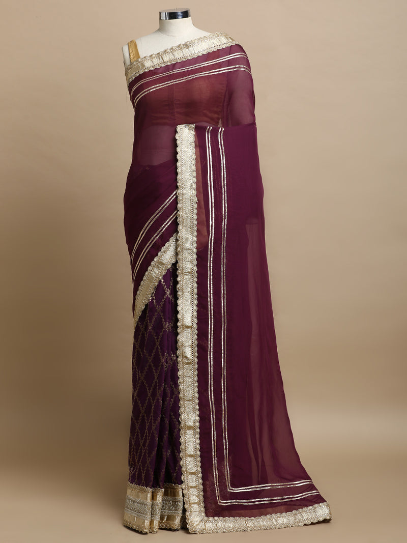 Ahalya x Tyohaar | Plum Vine Mesh Brocade Saree With Heavy Zari Designer Lace-Binks