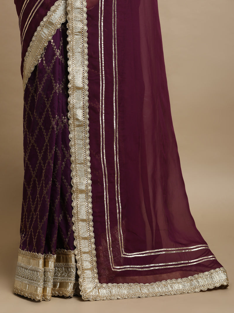 Ahalya x Tyohaar | Plum Vine Mesh Brocade Saree With Heavy Zari Designer Lace-Binks