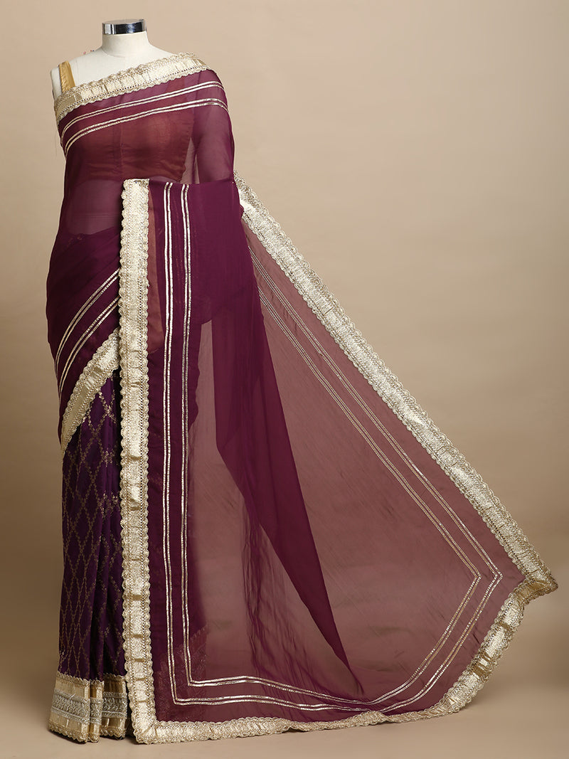 Ahalya x Tyohaar | Plum Vine Mesh Brocade Saree With Heavy Zari Designer Lace-Binks