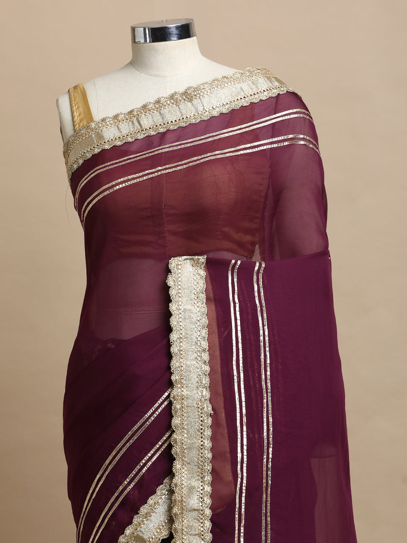 Ahalya x Tyohaar | Plum Vine Mesh Brocade Saree With Heavy Zari Designer Lace-Binks