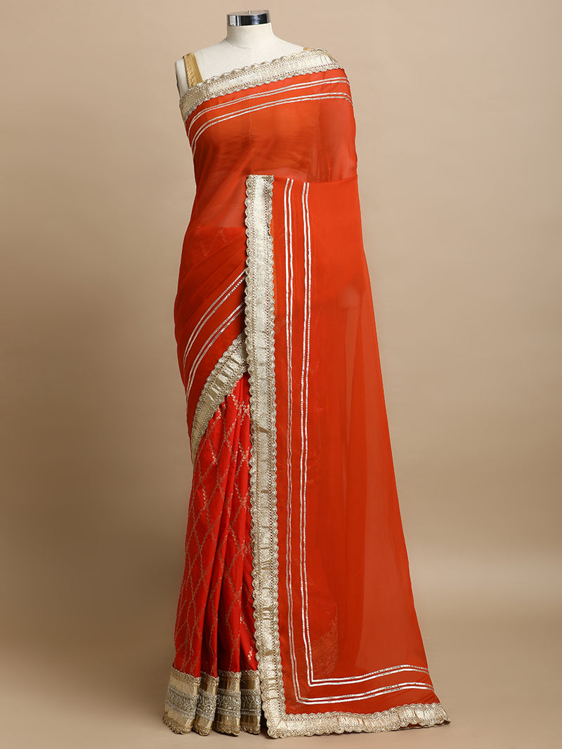 Ahalya x Tyohaar | Red & Orange Vine Mesh Brocade Saree With Heavy Zari Designer Lace-Binks