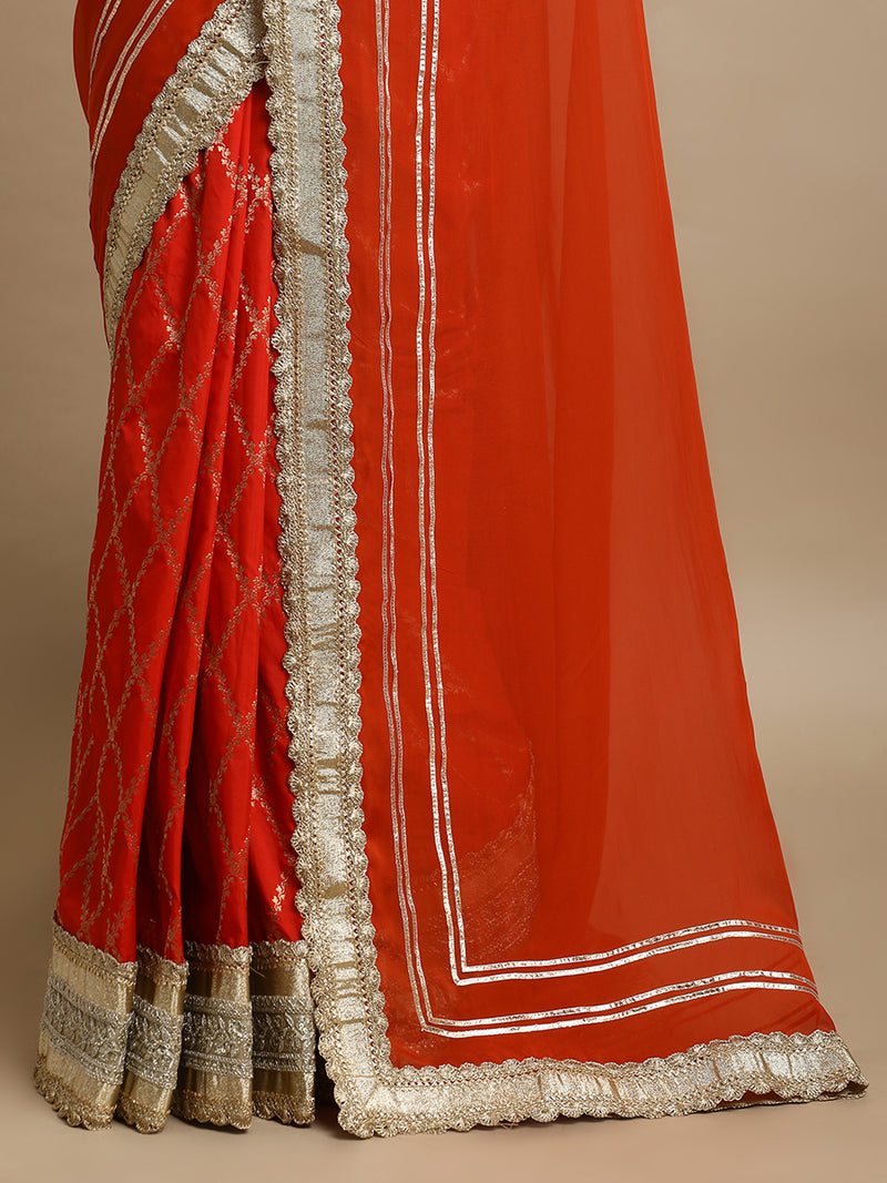 Ahalya x Tyohaar | Red & Orange Vine Mesh Brocade Saree With Heavy Zari Designer Lace-Binks
