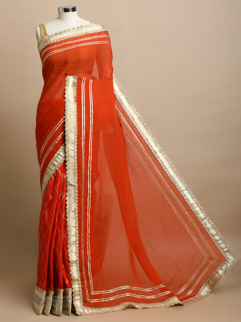 Ahalya x Tyohaar | Red & Orange Vine Mesh Brocade Saree With Heavy Zari Designer Lace-Binks