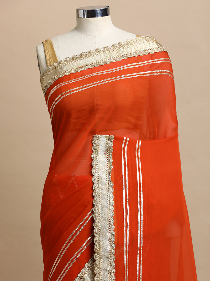Ahalya x Tyohaar | Red & Orange Vine Mesh Brocade Saree With Heavy Zari Designer Lace-Binks