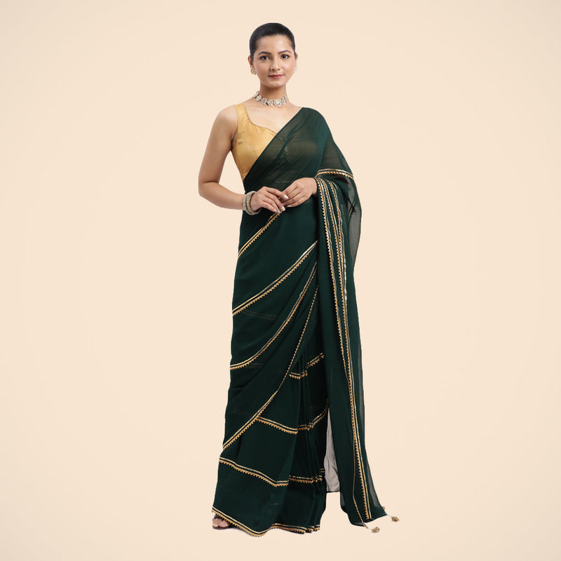 Antara x Tyohaar | Bottle Green Georgette Ready-to-Wear Saree with Golden Gota Border-Binks