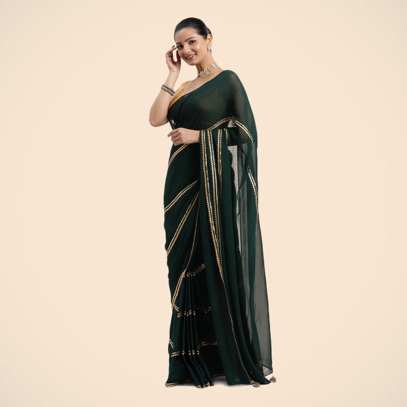 Antara x Tyohaar | Bottle Green Georgette Ready-to-Wear Saree with Golden Gota Border-Binks