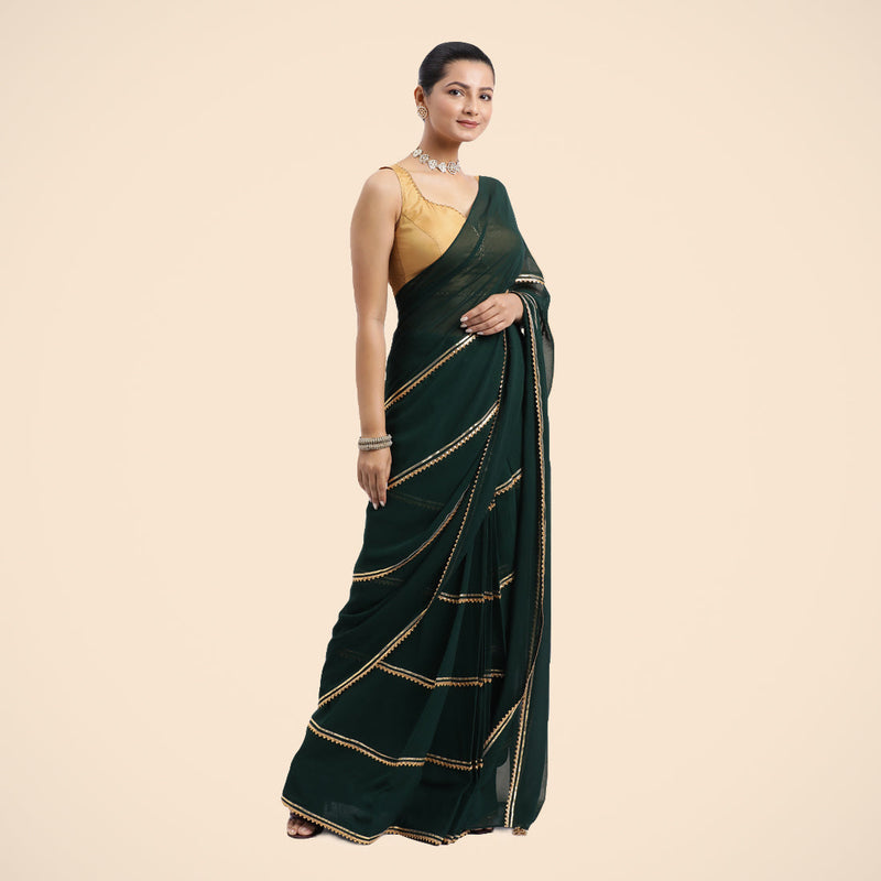 Antara x Tyohaar | Bottle Green Georgette Ready-to-Wear Saree with Golden Gota Border-Binks