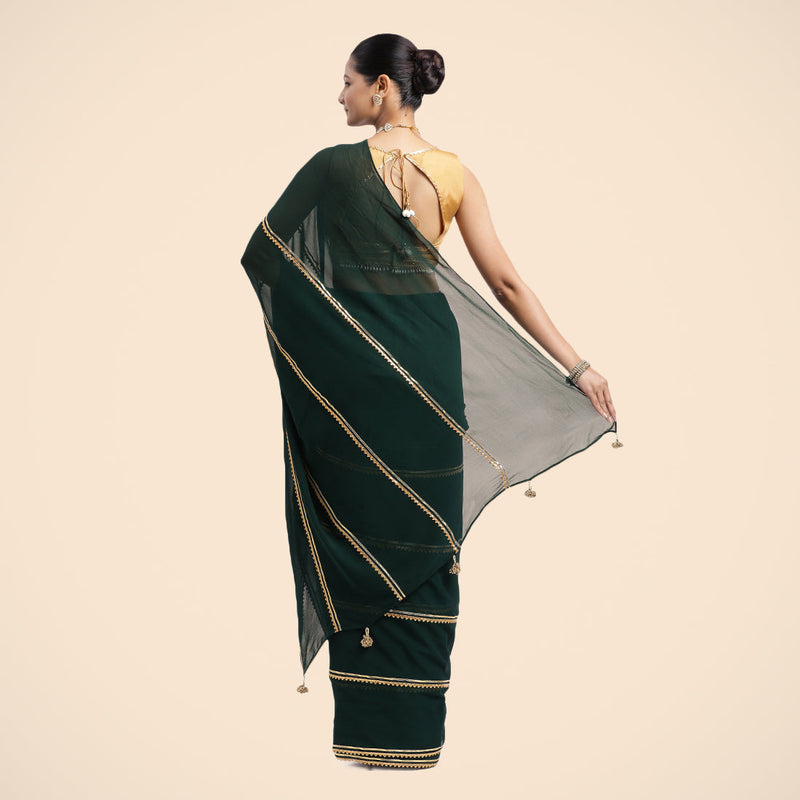 Antara x Tyohaar | Bottle Green Georgette Ready-to-Wear Saree with Golden Gota Border-Binks