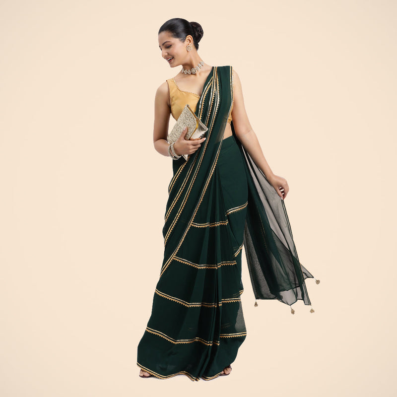 Antara x Tyohaar | Bottle Green Georgette Ready-to-Wear Saree with Golden Gota Border-Binks