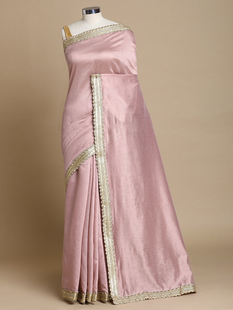 Anwesha x Tyohaar | Dusty Rose Foil Chandheri Saree With Designer Embroidered Lace-Binks
