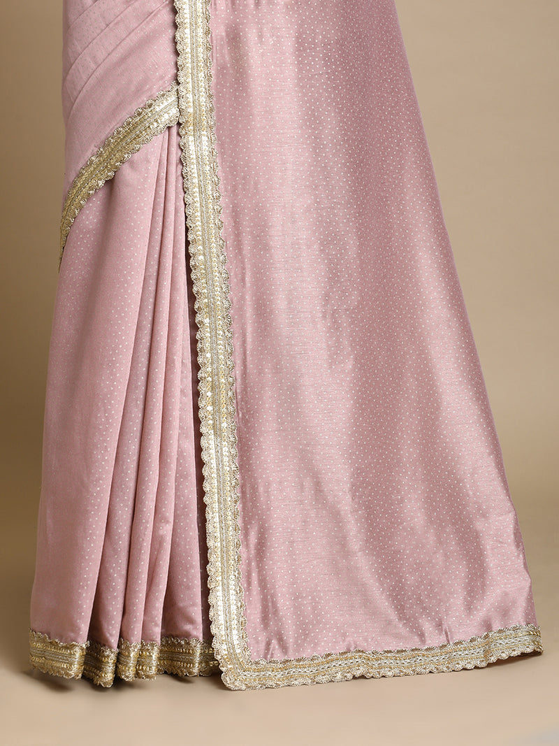Anwesha x Tyohaar | Dusty Rose Foil Chandheri Saree With Designer Embroidered Lace-Binks