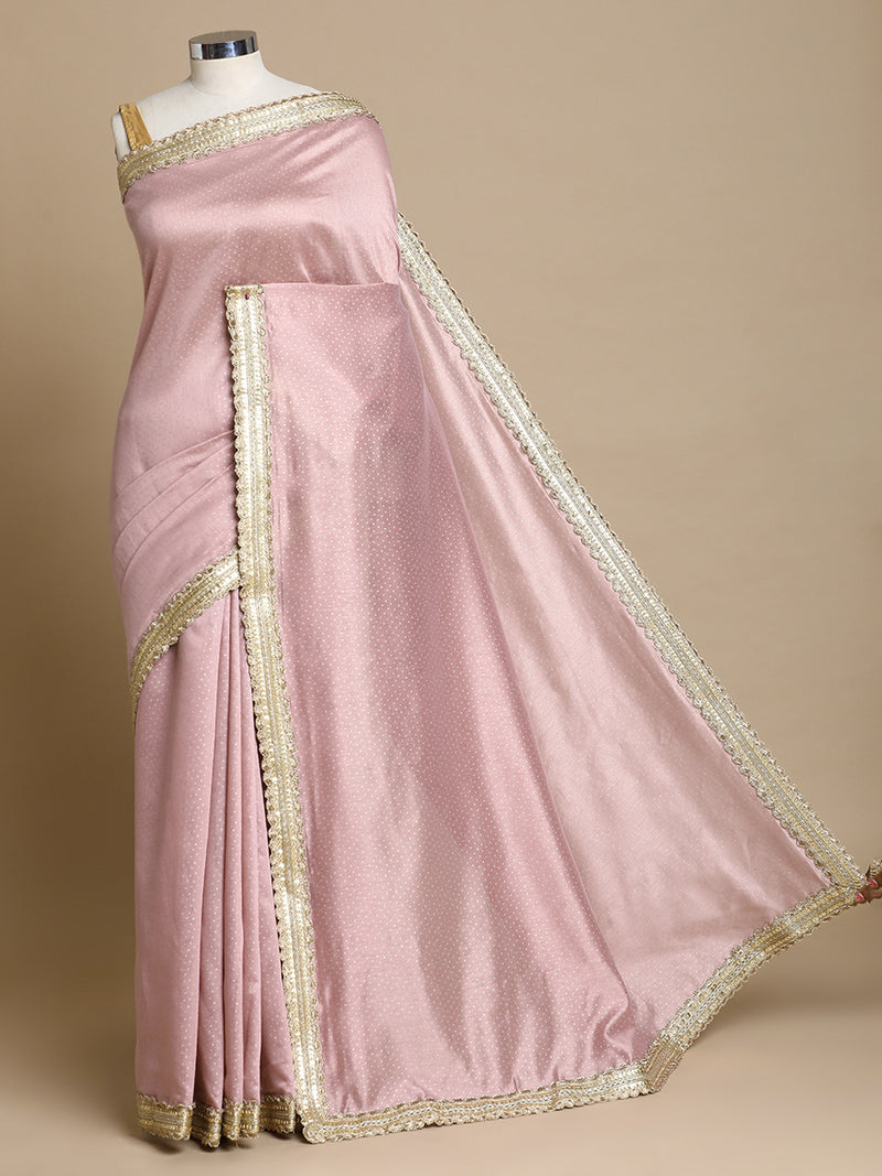 Anwesha x Tyohaar | Dusty Rose Foil Chandheri Saree With Designer Embroidered Lace-Binks