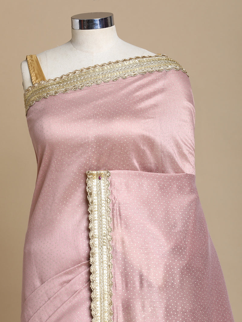 Anwesha x Tyohaar | Dusty Rose Foil Chandheri Saree With Designer Embroidered Lace-Binks