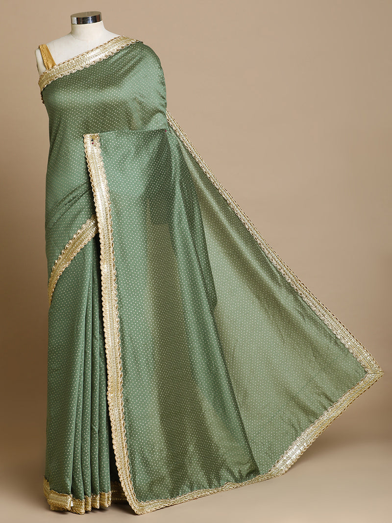 Anwesha x Tyohaar | Green Foil Chandheri Saree With Designer Embroidered Lace-Binks