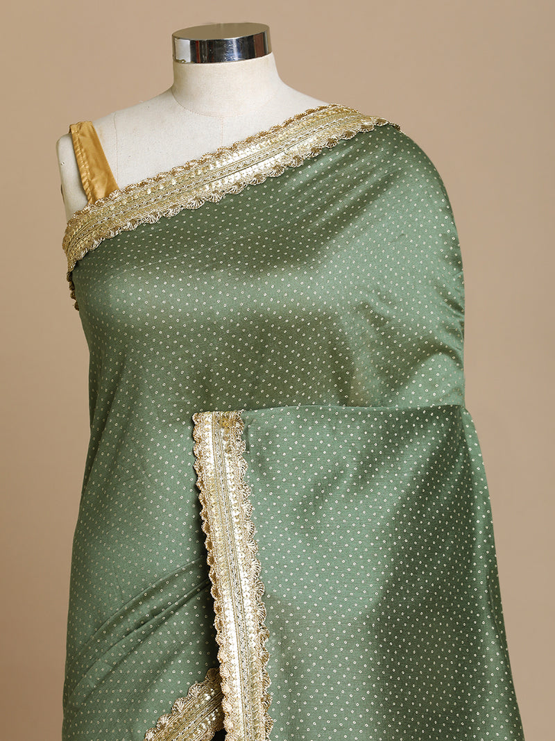 Anwesha x Tyohaar | Green Foil Chandheri Saree With Designer Embroidered Lace-Binks
