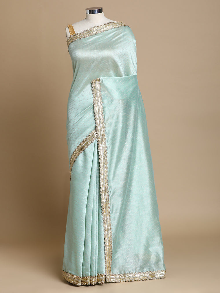 Anwesha x Tyohaar Saree, in Green Chandheri, made for party & festive.