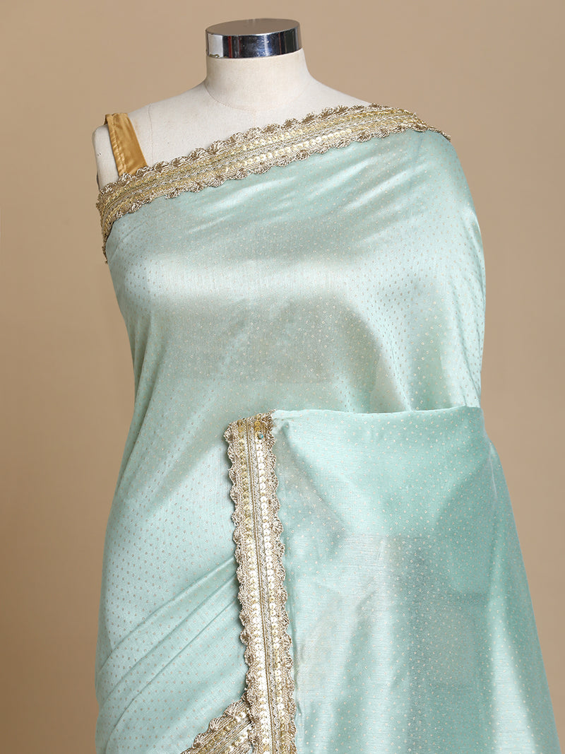 Anwesha x Tyohaar | Light Green Foil Chandheri Saree With Designer Embroidered Lace-Binks