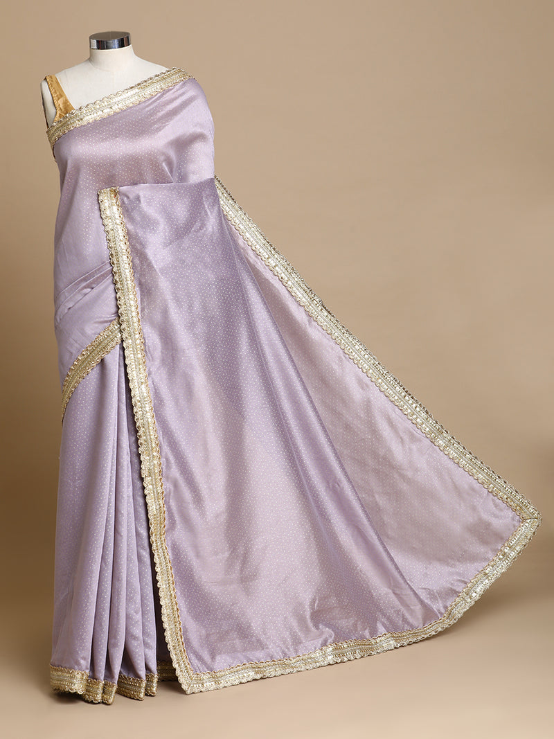 Anwesha x Tyohaar | Lilac Foil Chandheri Saree With Designer Embroidered Lace-Binks