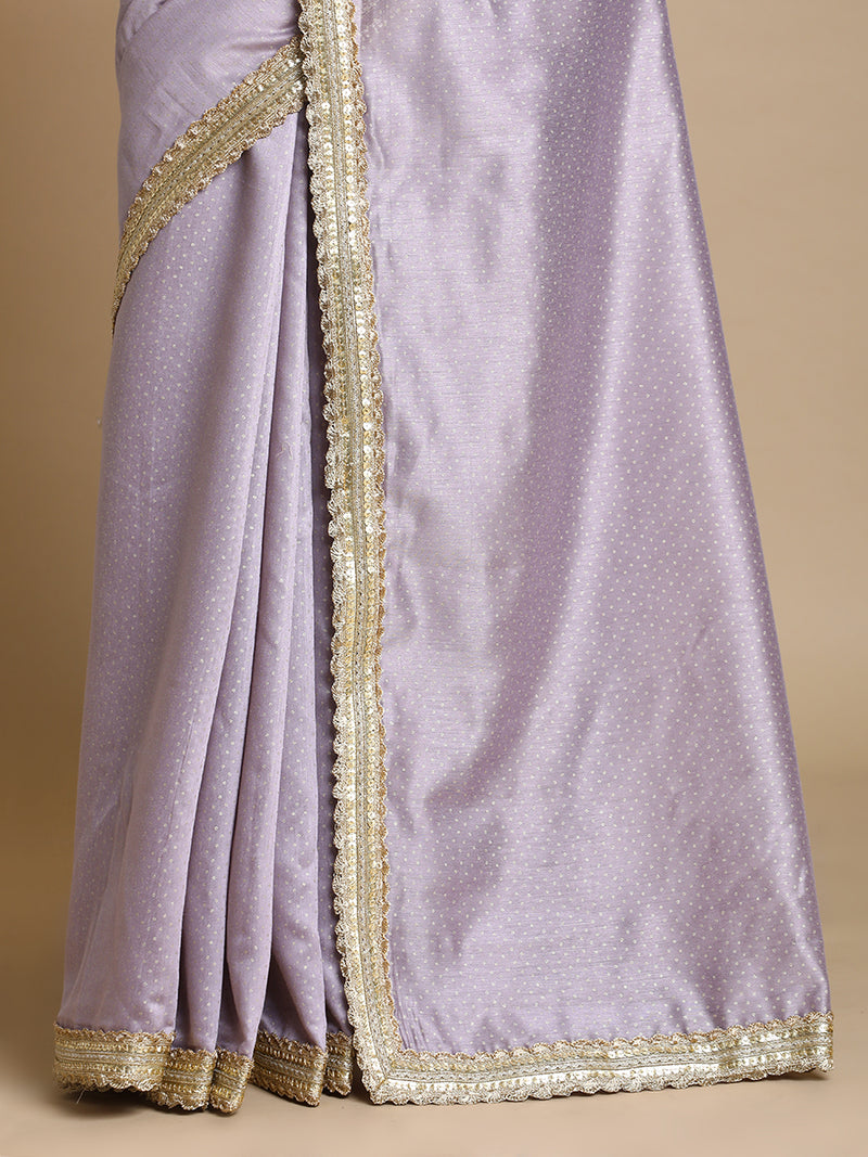 Anwesha x Tyohaar | Lilac Foil Chandheri Saree With Designer Embroidered Lace-Binks