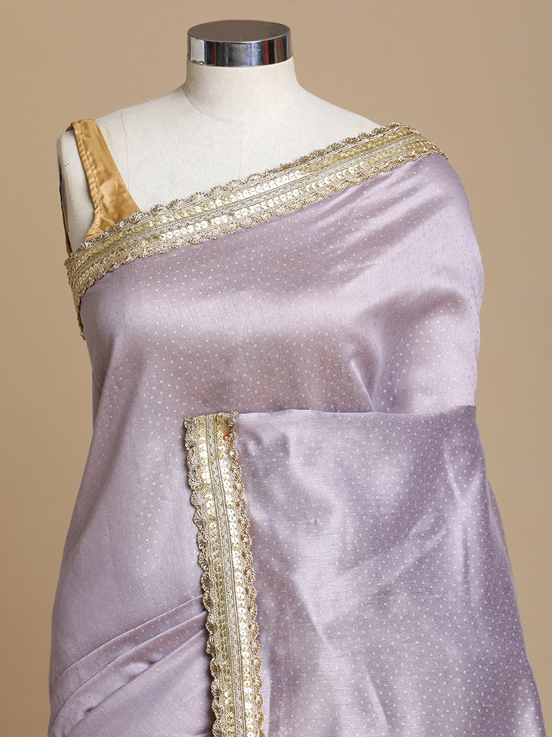 Anwesha x Tyohaar | Lilac Foil Chandheri Saree With Designer Embroidered Lace-Binks