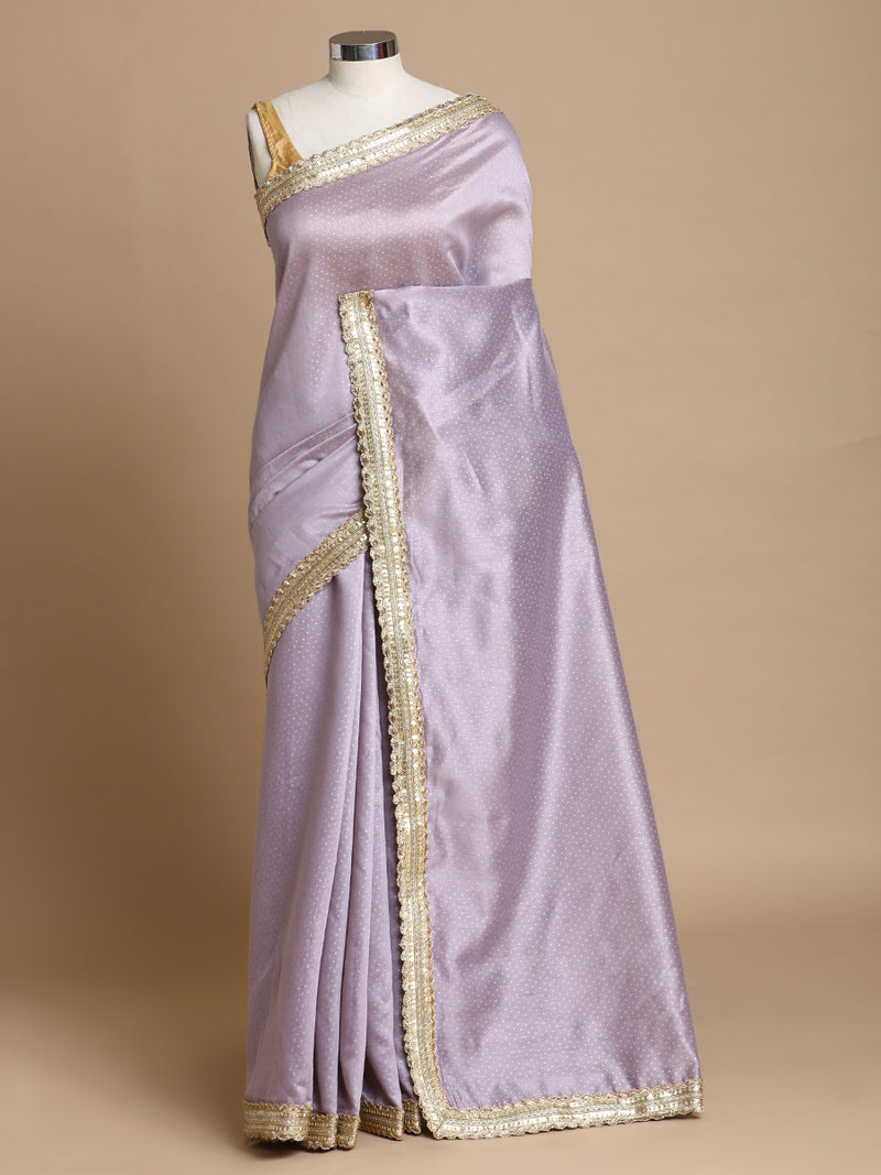 Anwesha x Tyohaar | Lilac Foil Chandheri Saree With Designer Embroidered Lace-Binks