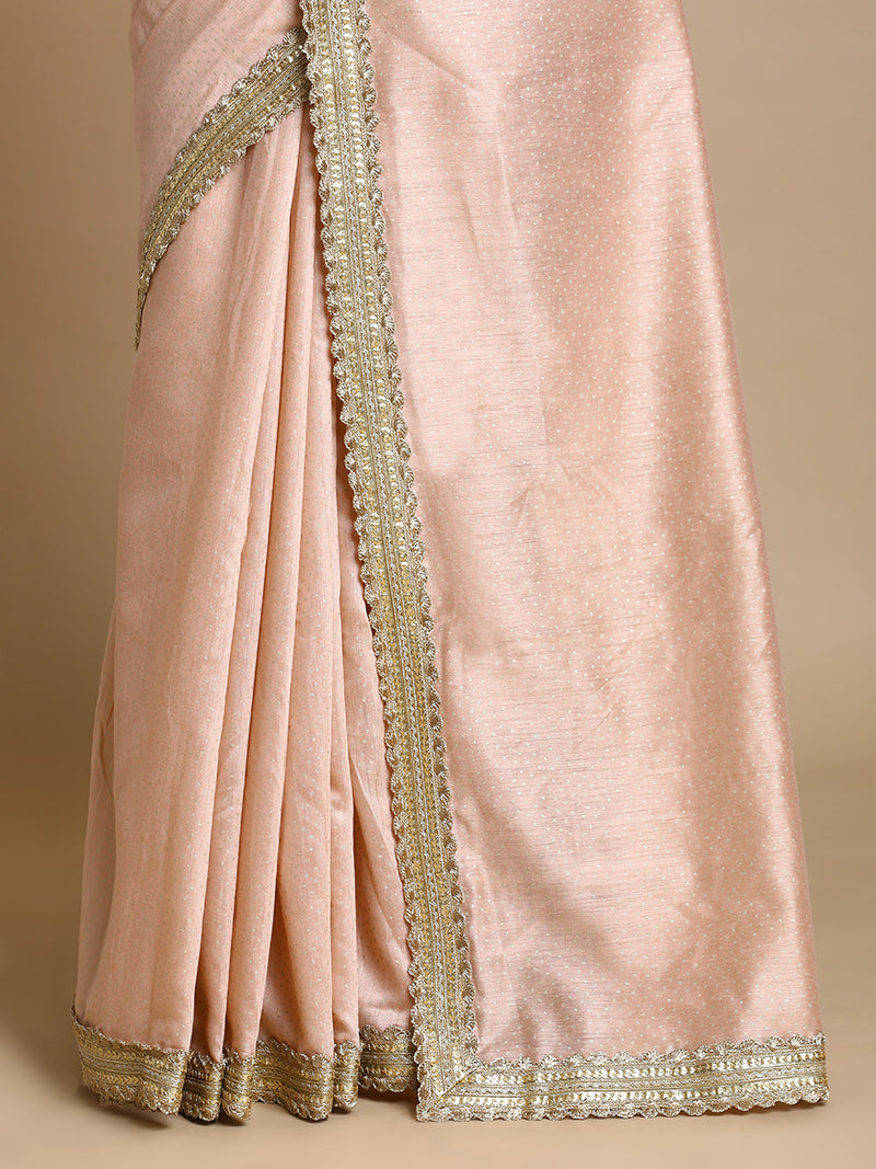 Anwesha x Tyohaar | Muted Copper Foil Chandheri Saree With Designer Embroidered Lace-Binks