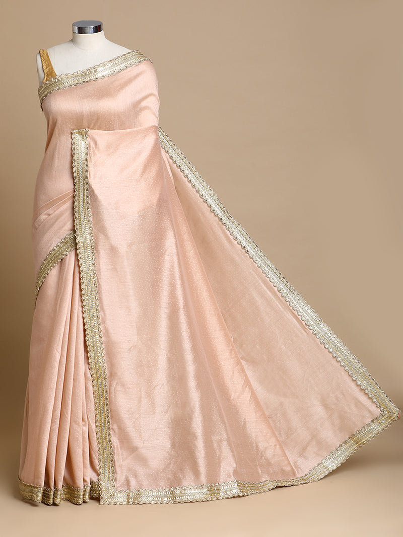 Anwesha x Tyohaar | Muted Copper Foil Chandheri Saree With Designer Embroidered Lace-Binks